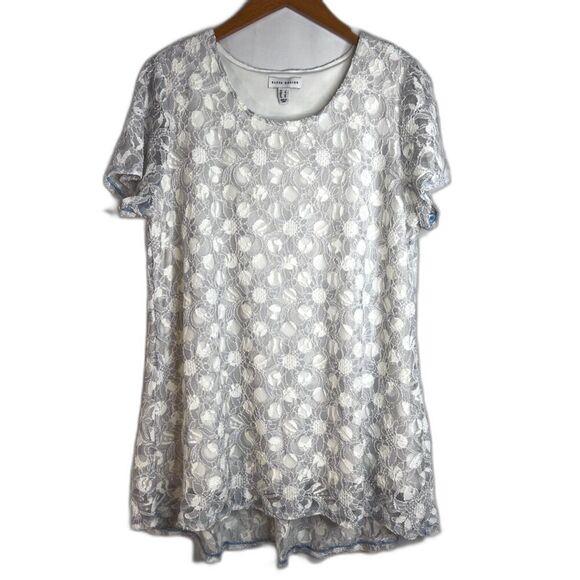 Susan Graver White Lace Overlay Scoop Neck Short Sleeve Blouse Size Large - Picture 1 of 9